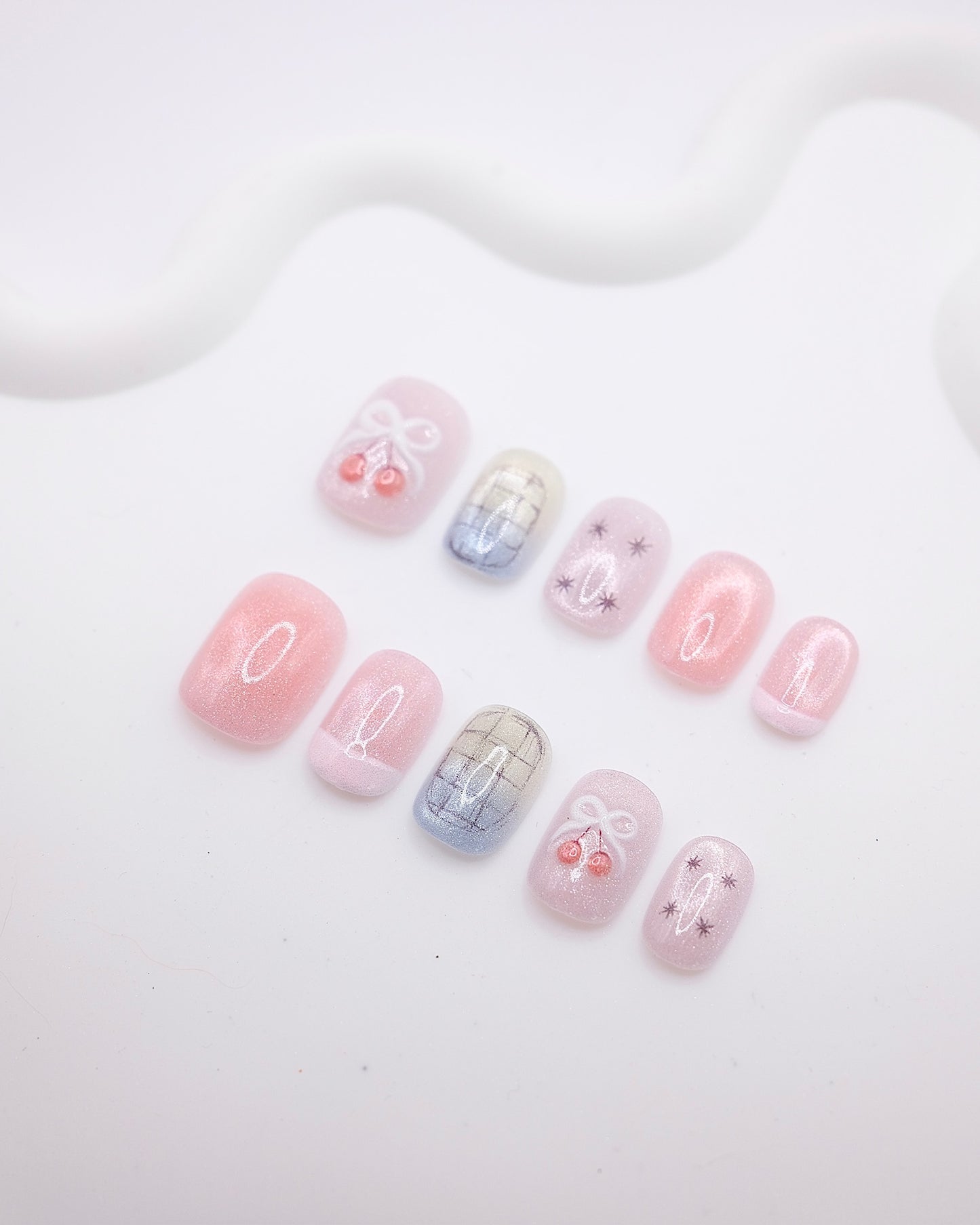 Short Rounded 3D Pink Glitter Cherry Bow Press On Nails