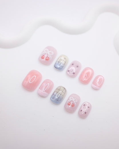 Short Rounded 3D Pink Glitter Cherry Bow Press On Nails