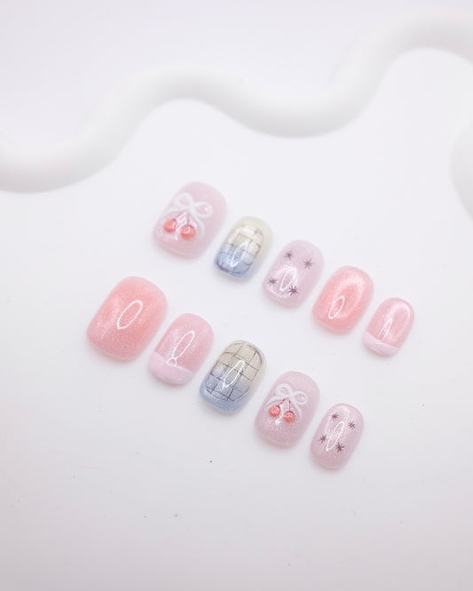 Short Rounded 3D Pink Glitter Cherry Bow Press On Nails