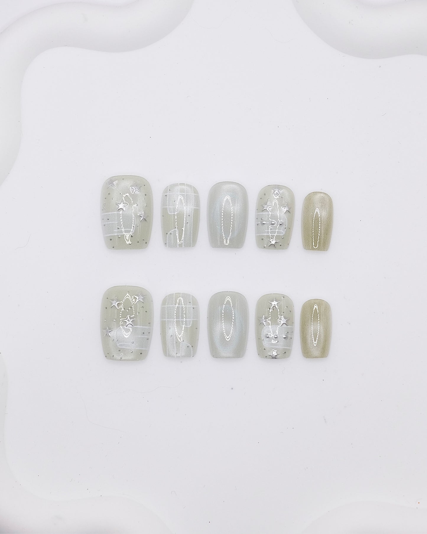 Mid-Long Rounded 3D Sage Green Silver Star Press On Nails