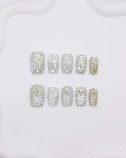 Mid-Long Rounded 3D Sage Green Silver Star Press On Nails
