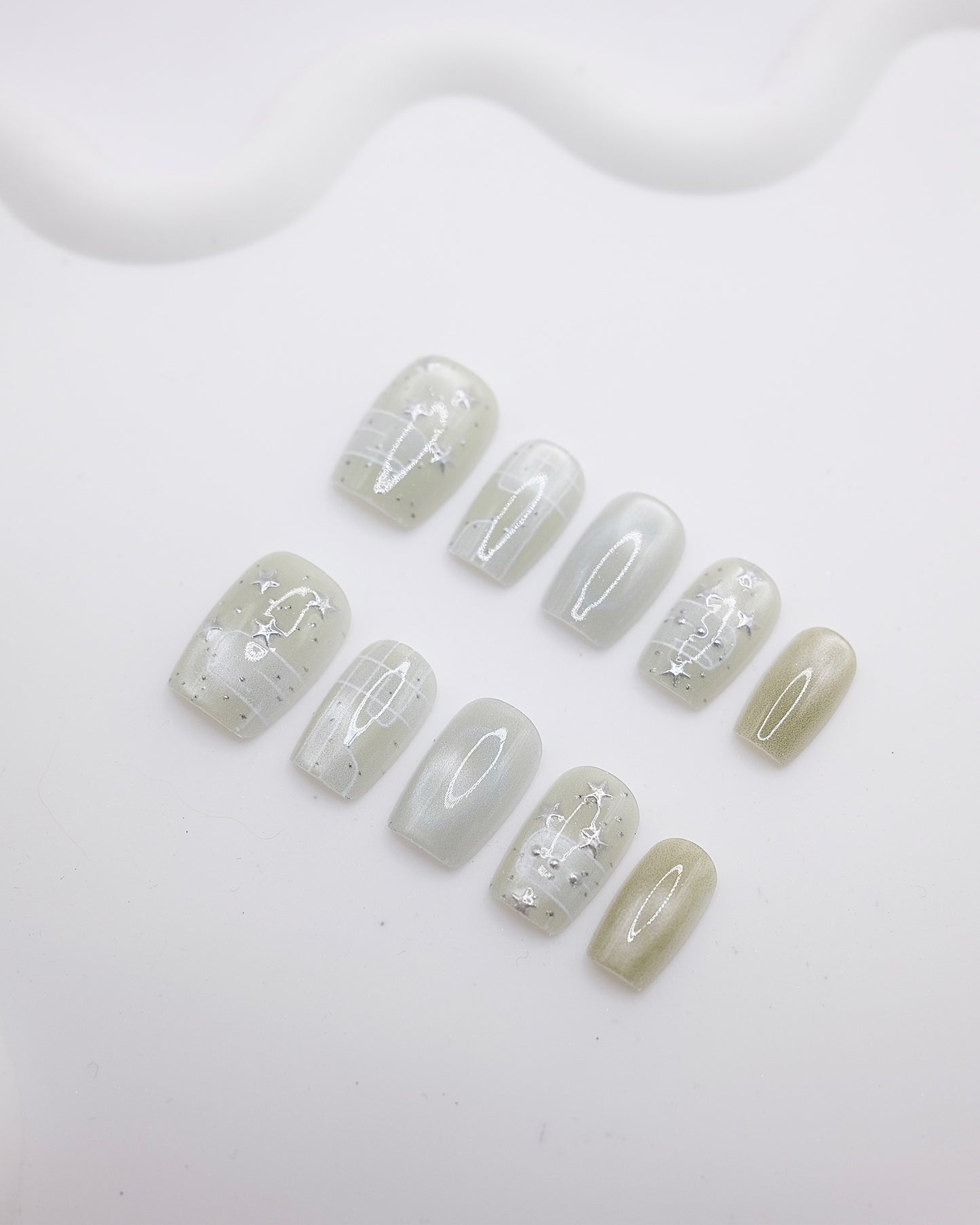 Mid-Long Rounded 3D Sage Green Silver Star Press On Nails