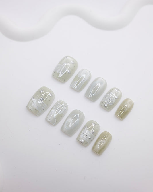 Short Coffin 3D Sage Green Silver Star Press On Nails