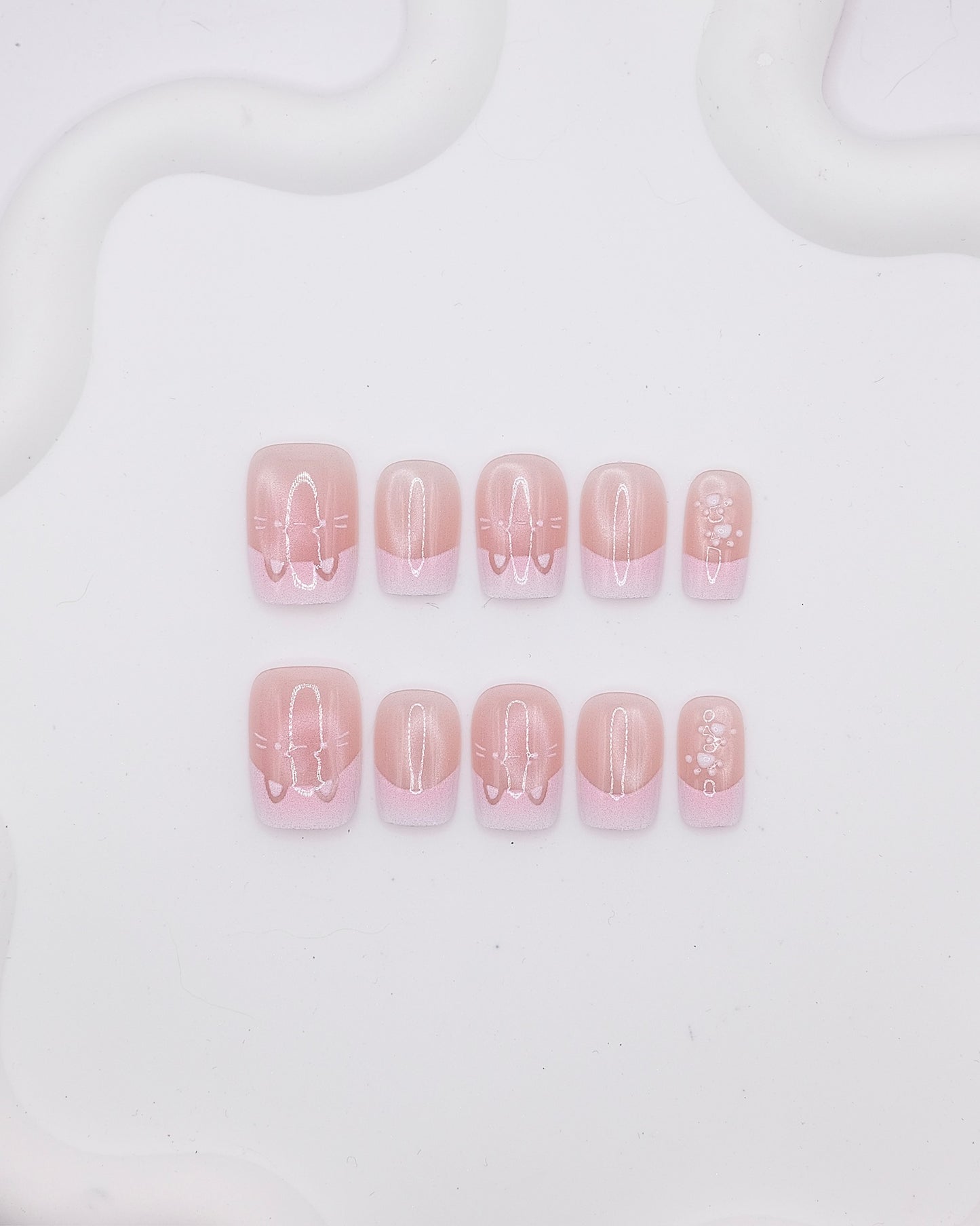 Short Coffin Pink French Cat Face Press On Nails