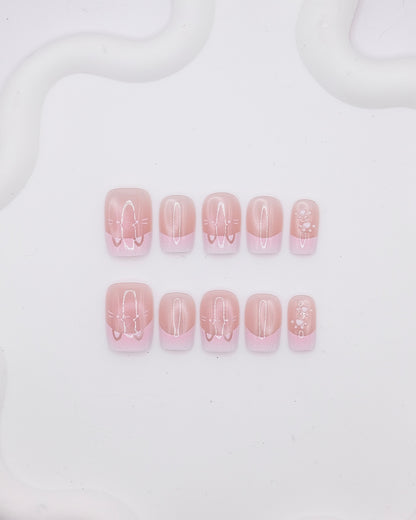 Short Coffin Pink French Cat Face Press On Nails