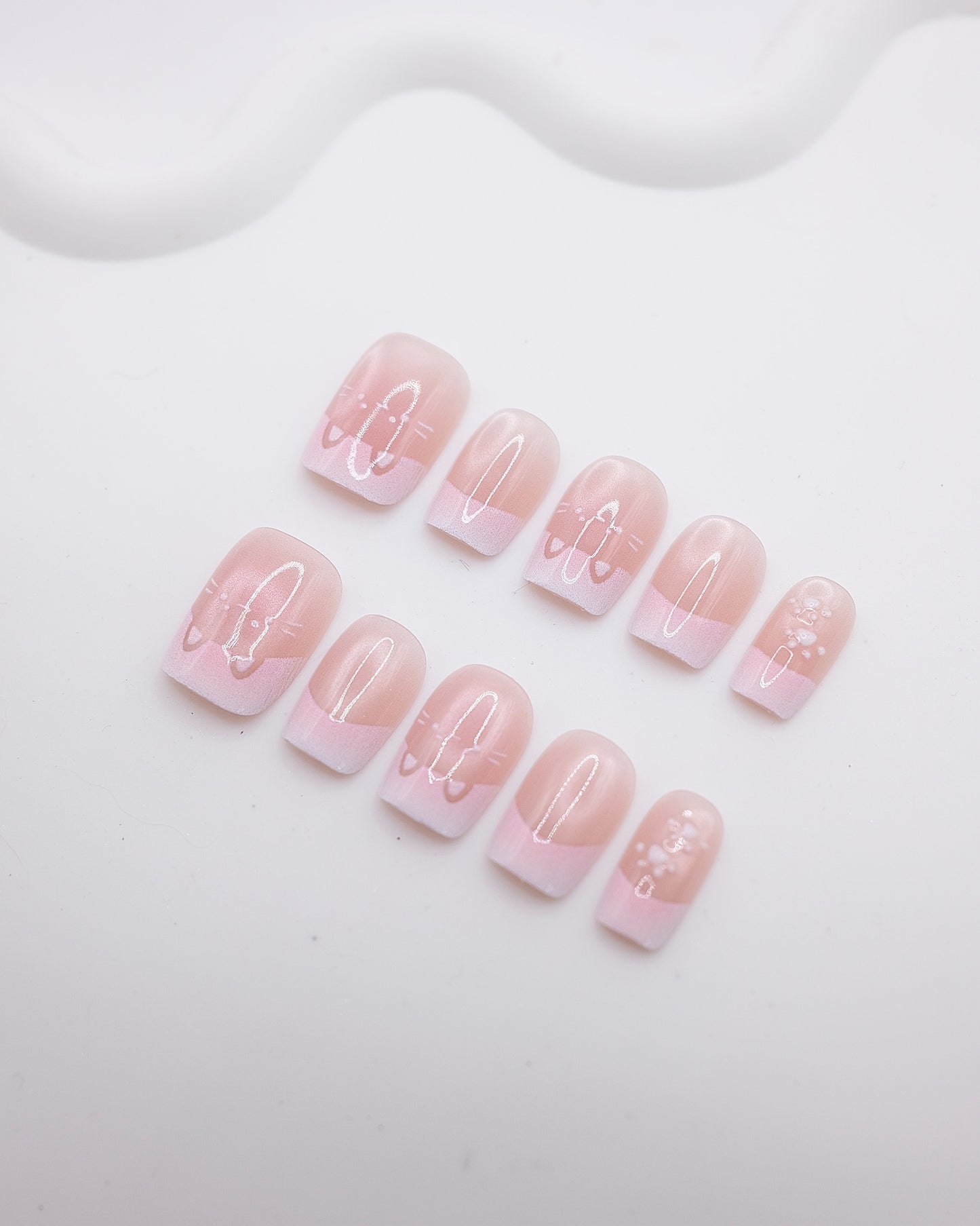 Short Coffin Pink French Cat Face Press On Nails