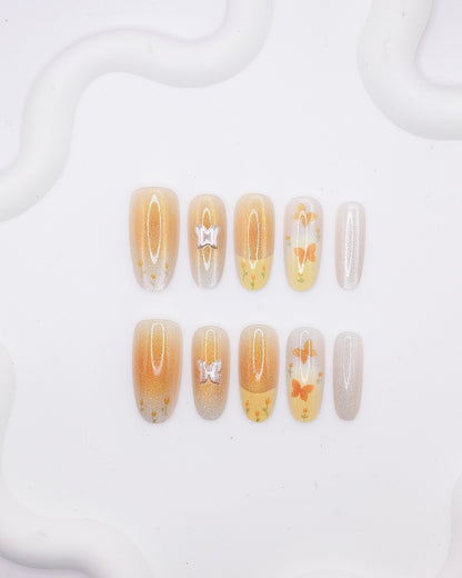 Long Oval 3D Orange Butterfly Floral Press On Nails
