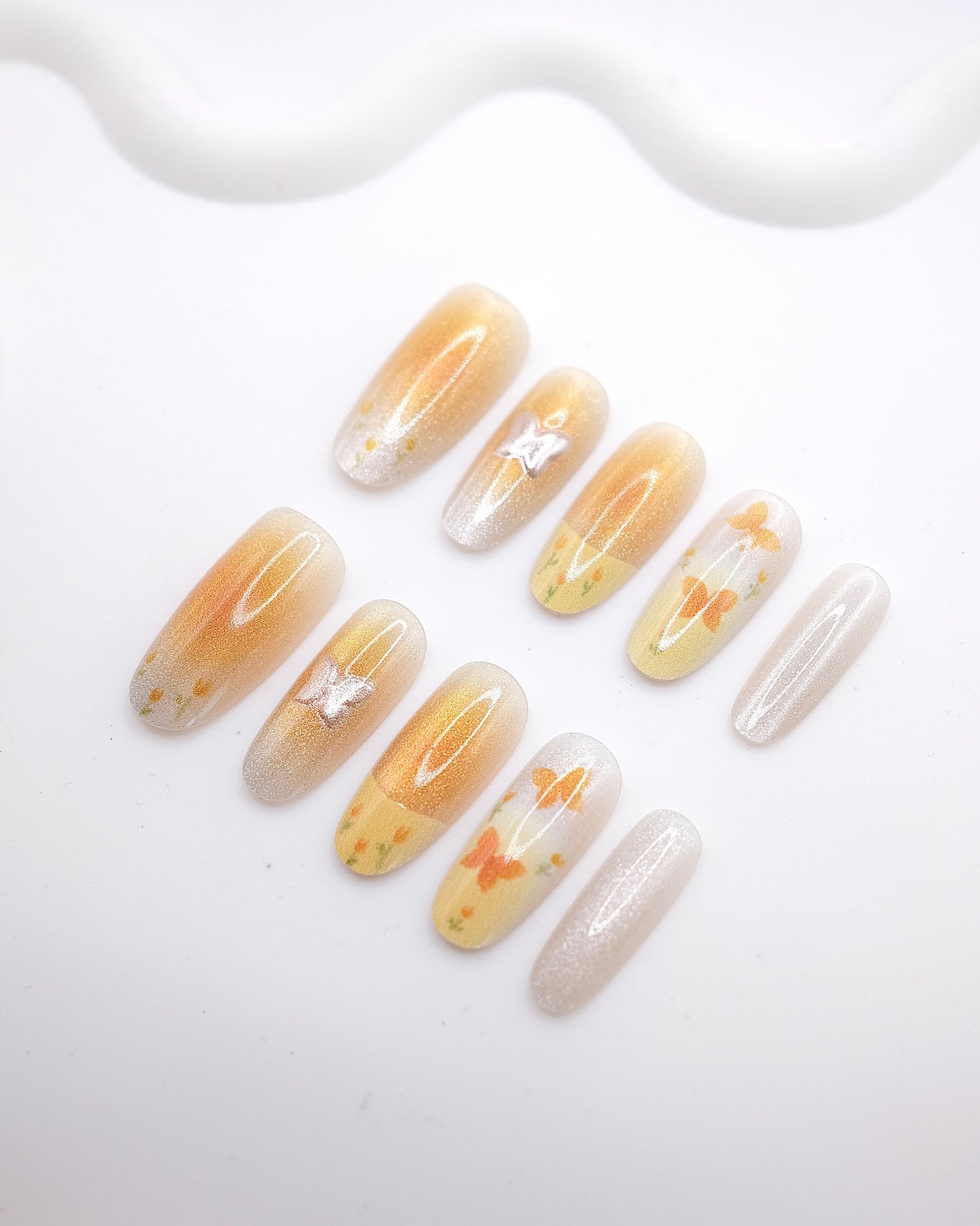 Long Oval 3D Orange Butterfly Floral Press On Nails