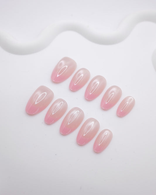 Mid-Long Almond Pink Ombre Pearl Press On Nails