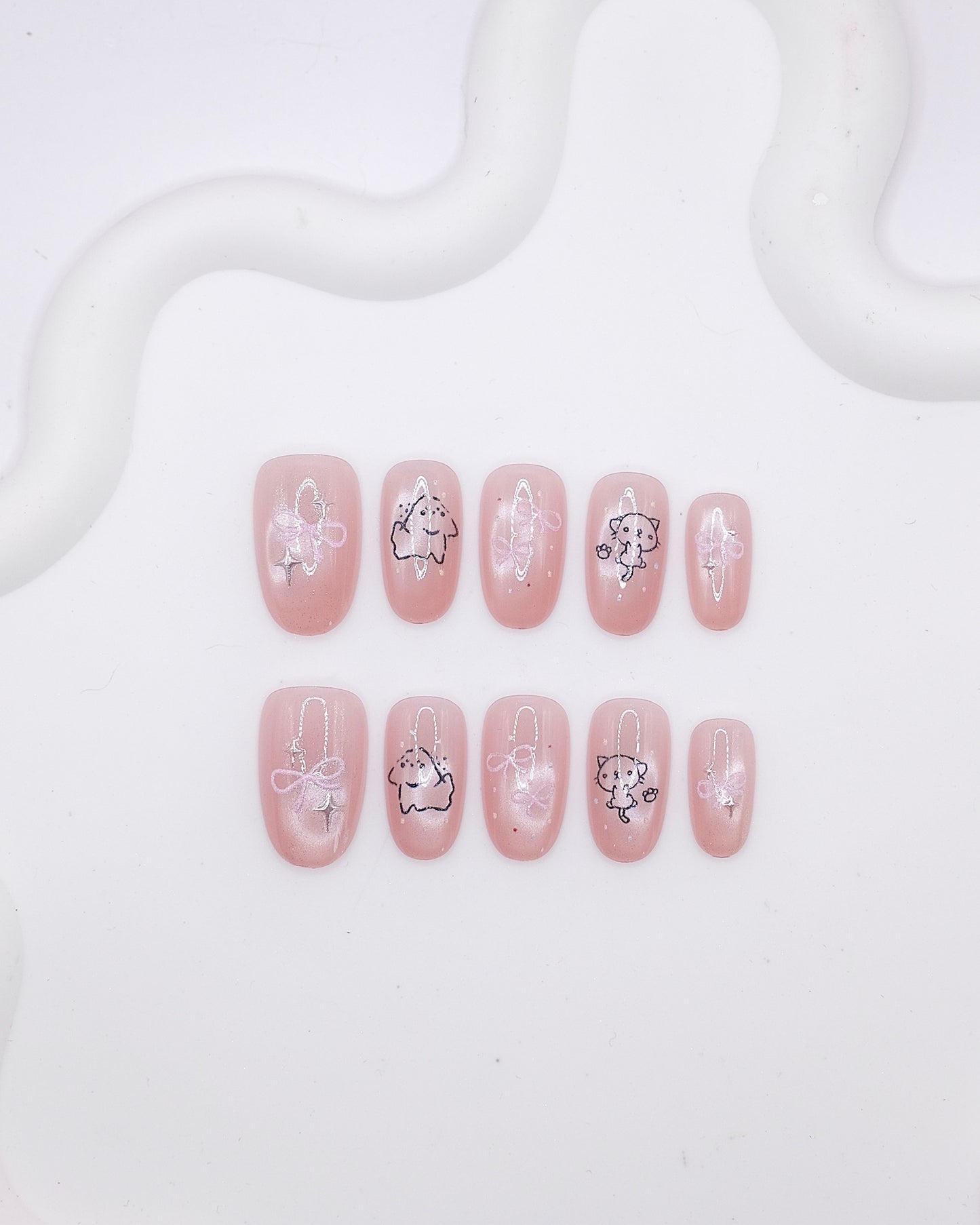 Mid-Long Oval Pink Pearl Cat Bow Line Art Press On Nails
