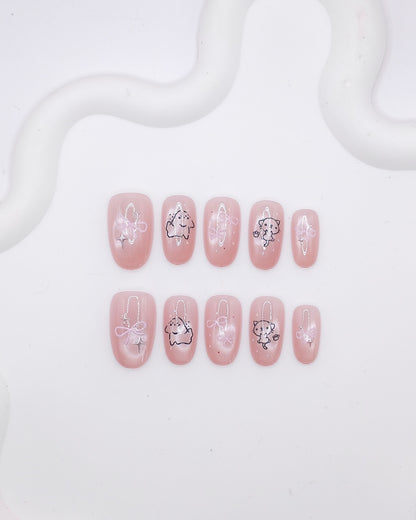 Mid-Long Oval Pink Pearl Cat Bow Line Art Press On Nails