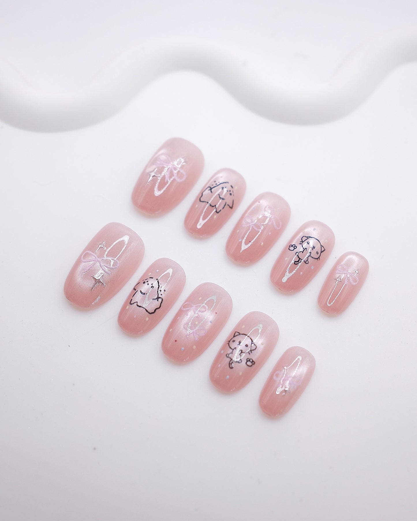Mid-Long Oval Pink Pearl Cat Bow Line Art Press On Nails