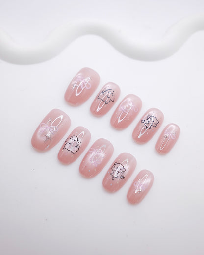 Mid-Long Oval Pink Pearl Cat Bow Line Art Press On Nails