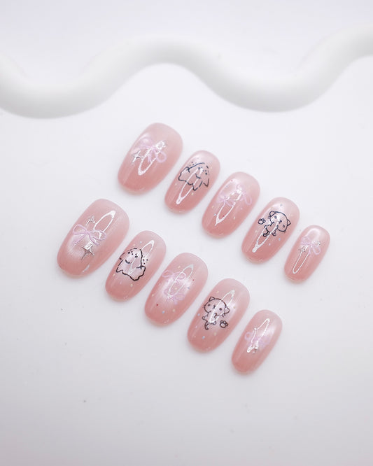 Mid-Long Oval Pink Pearl Cat Bow Line Art Press On Nails