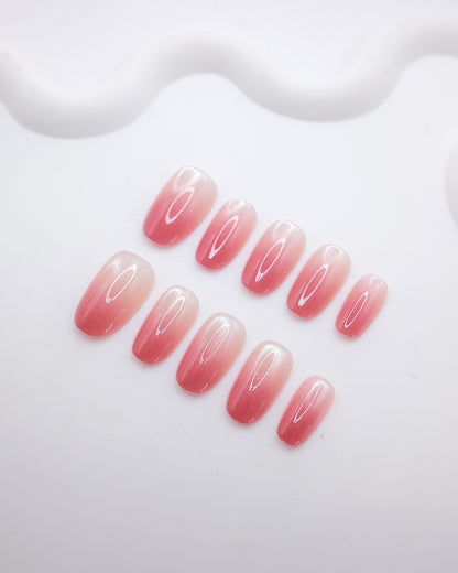 Mid-Long Oval Coral Ruby Ombre Pearl Press On Nails