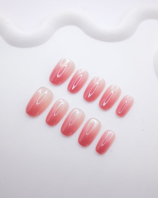 Mid-Long Oval Coral Ruby Ombre Pearl Press On Nails