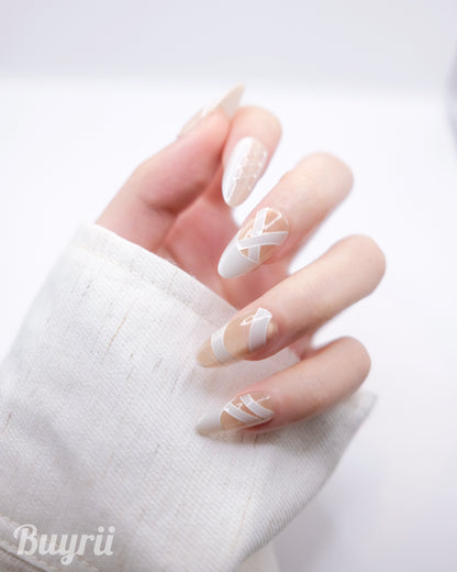 Mid-Long Almond White Ballad Press On Nails