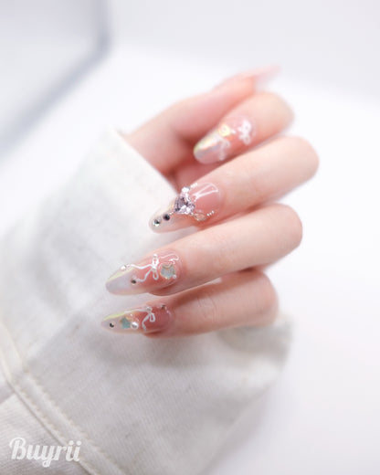 Long Almond Pink Bowtie & Diamond Press On Nails