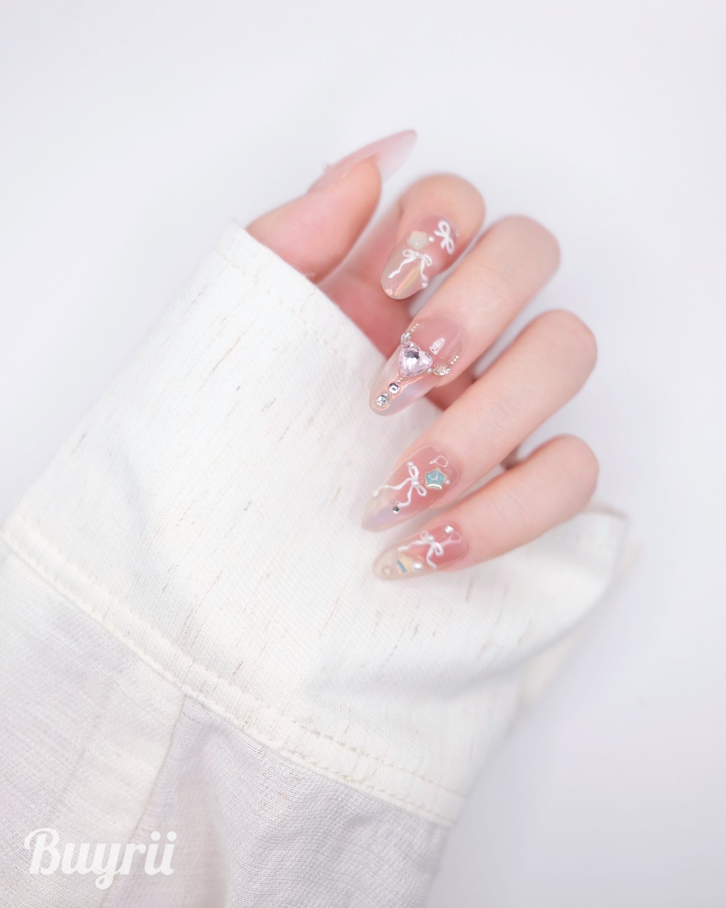 Long Almond Pink Bowtie & Diamond Press On Nails