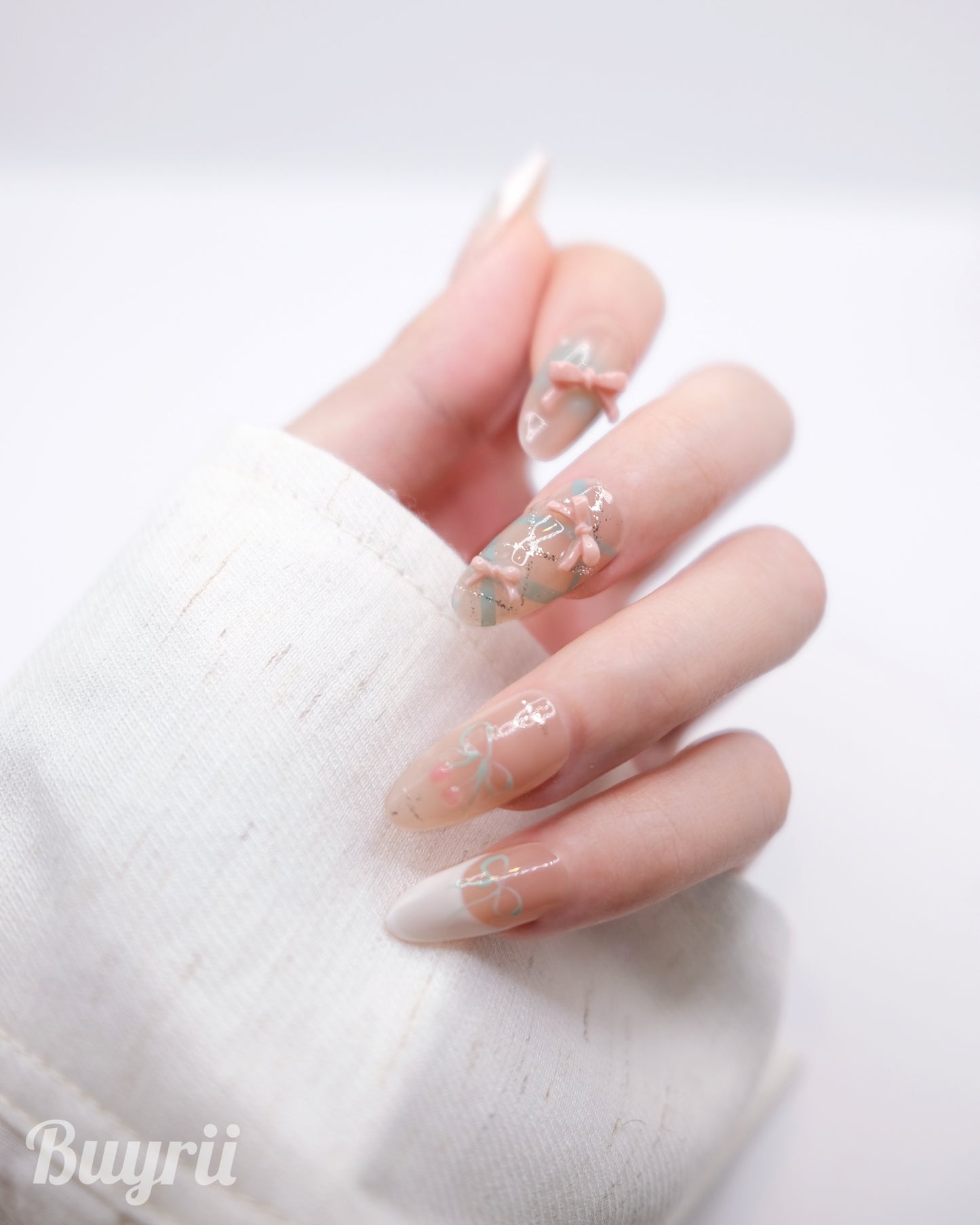 Long Almond Nude Color With White French Manicure & Embossed Bowtie Press On Nails