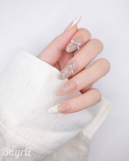Long Almond Nude Color With White French Manicure & Embossed Bowtie Press On Nails