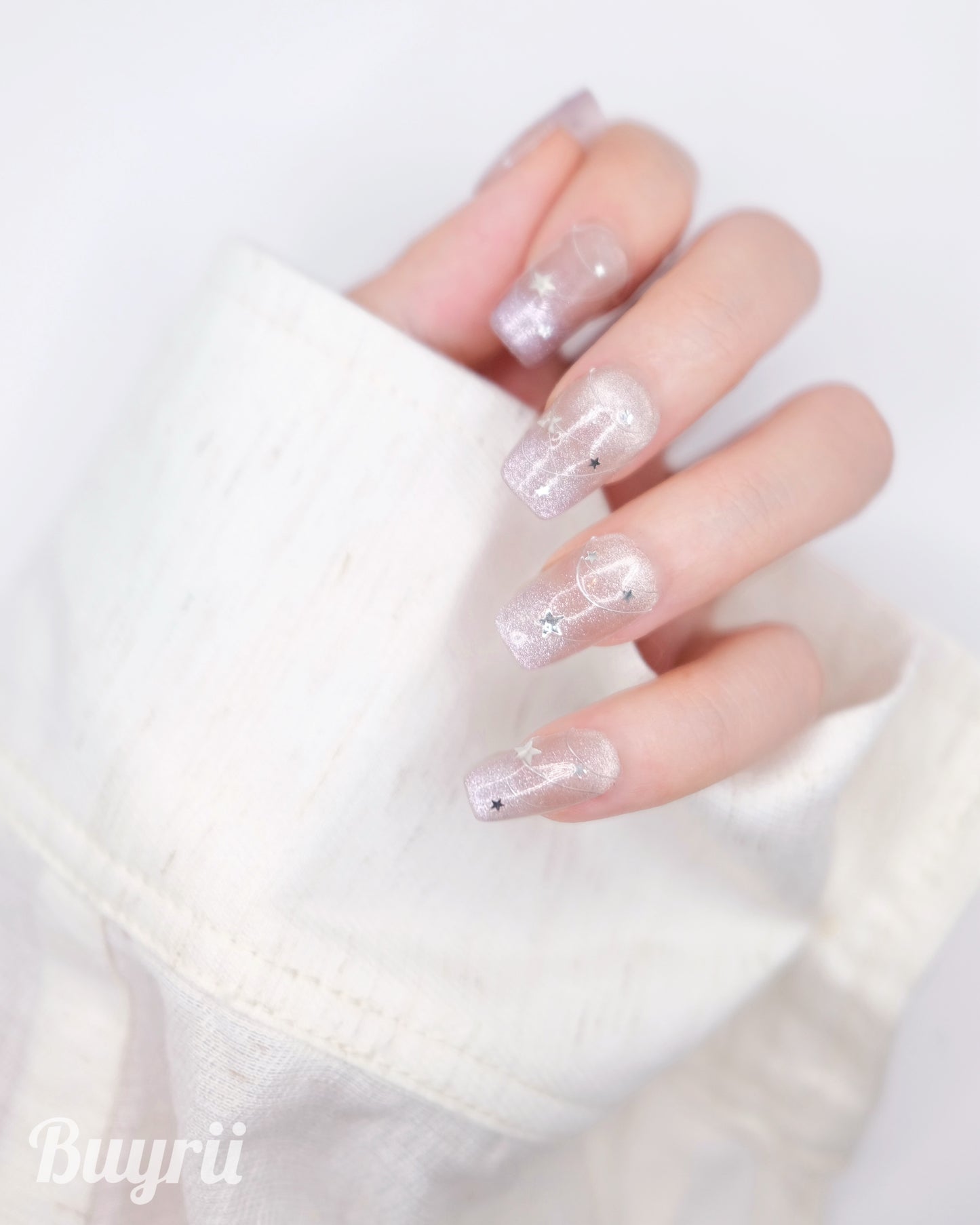 Mid-Long Coffin Cateye  Purple Star Press On Nails