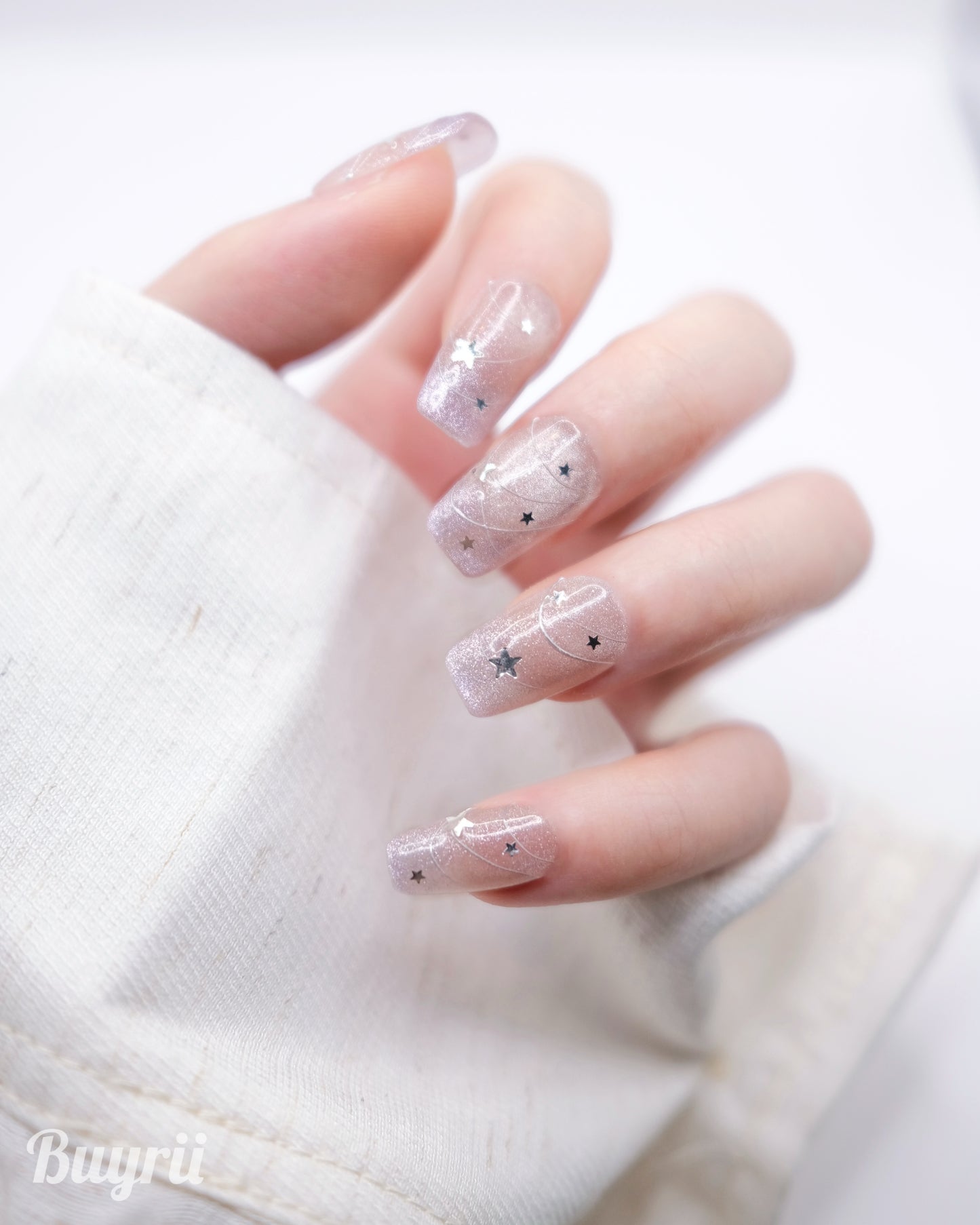 Mid-Long Coffin Cateye  Purple Star Press On Nails