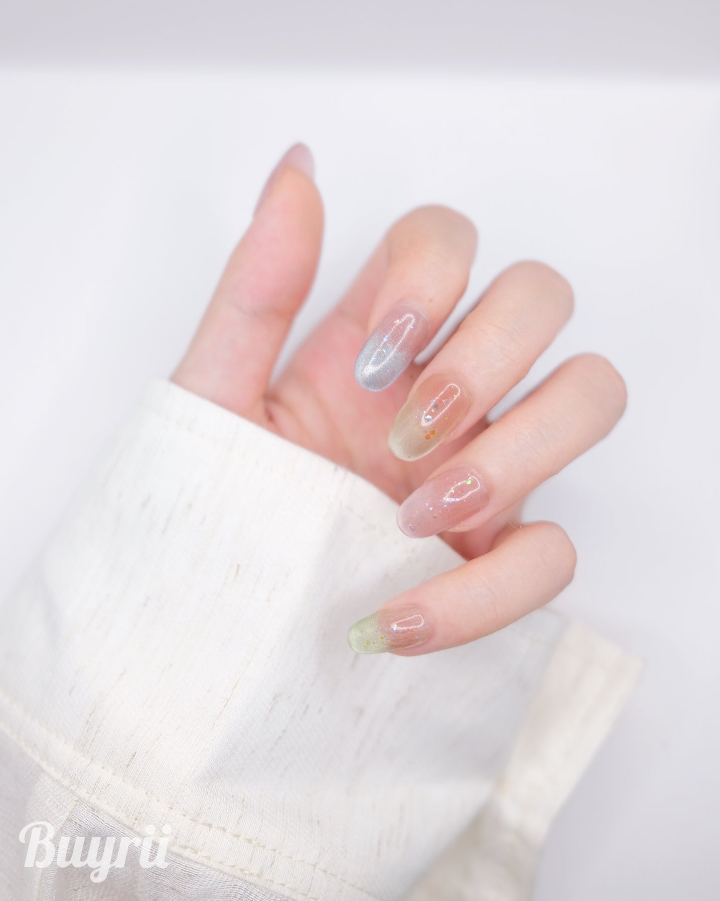 Short Oval Cateye Colorful Shiny Summer Press On Nails