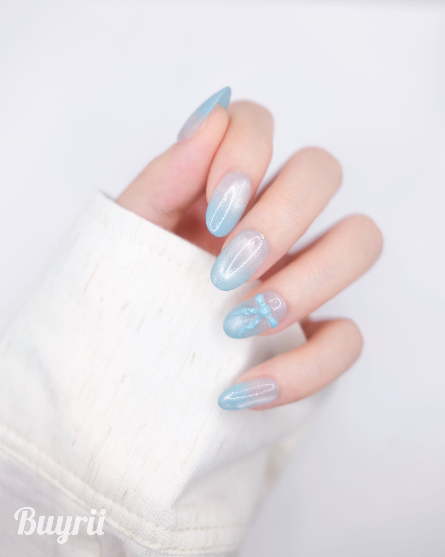 Mid-Long Oval  Cateye Blue Bowtie French Manicure Press On Nails