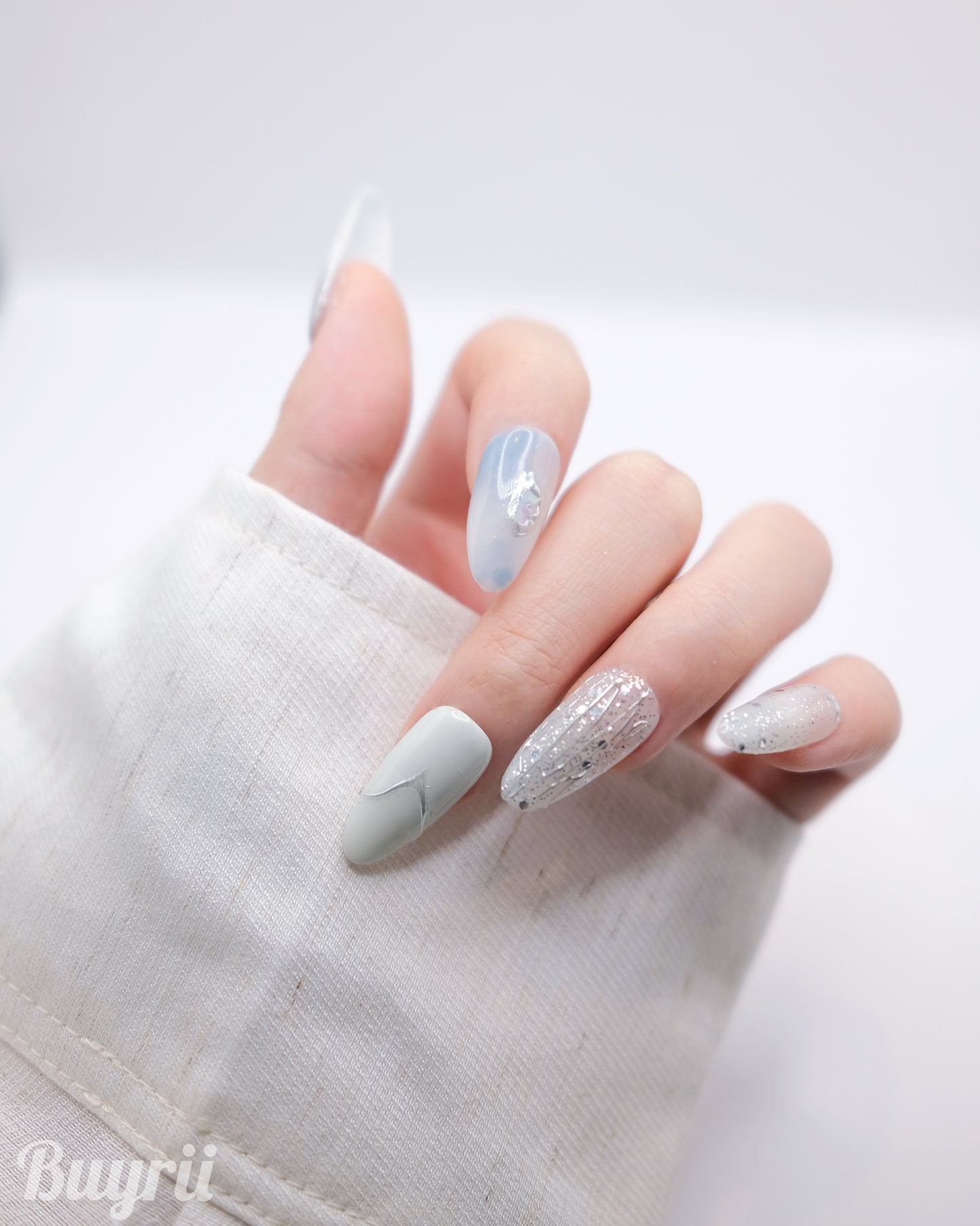 Long Almond Blue & White Pearl Press On Nails