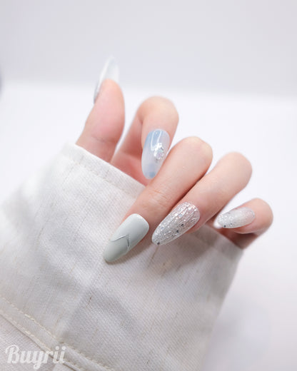Long Almond Blue & White Pearl Press On Nails