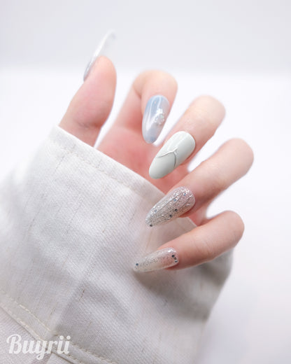 Long Almond Blue & White Pearl Press On Nails