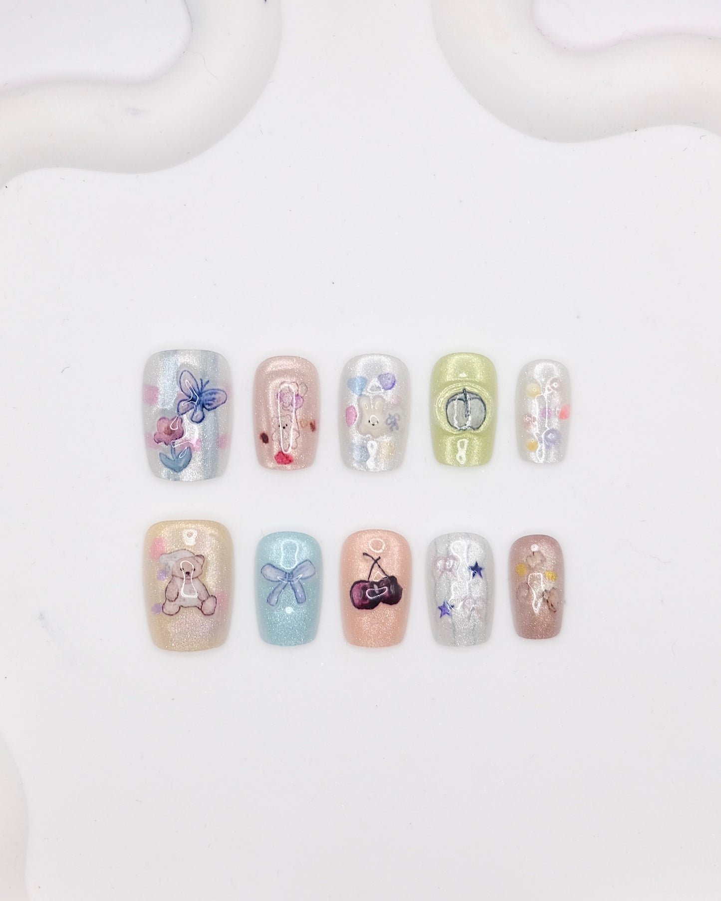 Short Coffin Colorful Cutie Bear & Rabbit With Fruits Press On Nails