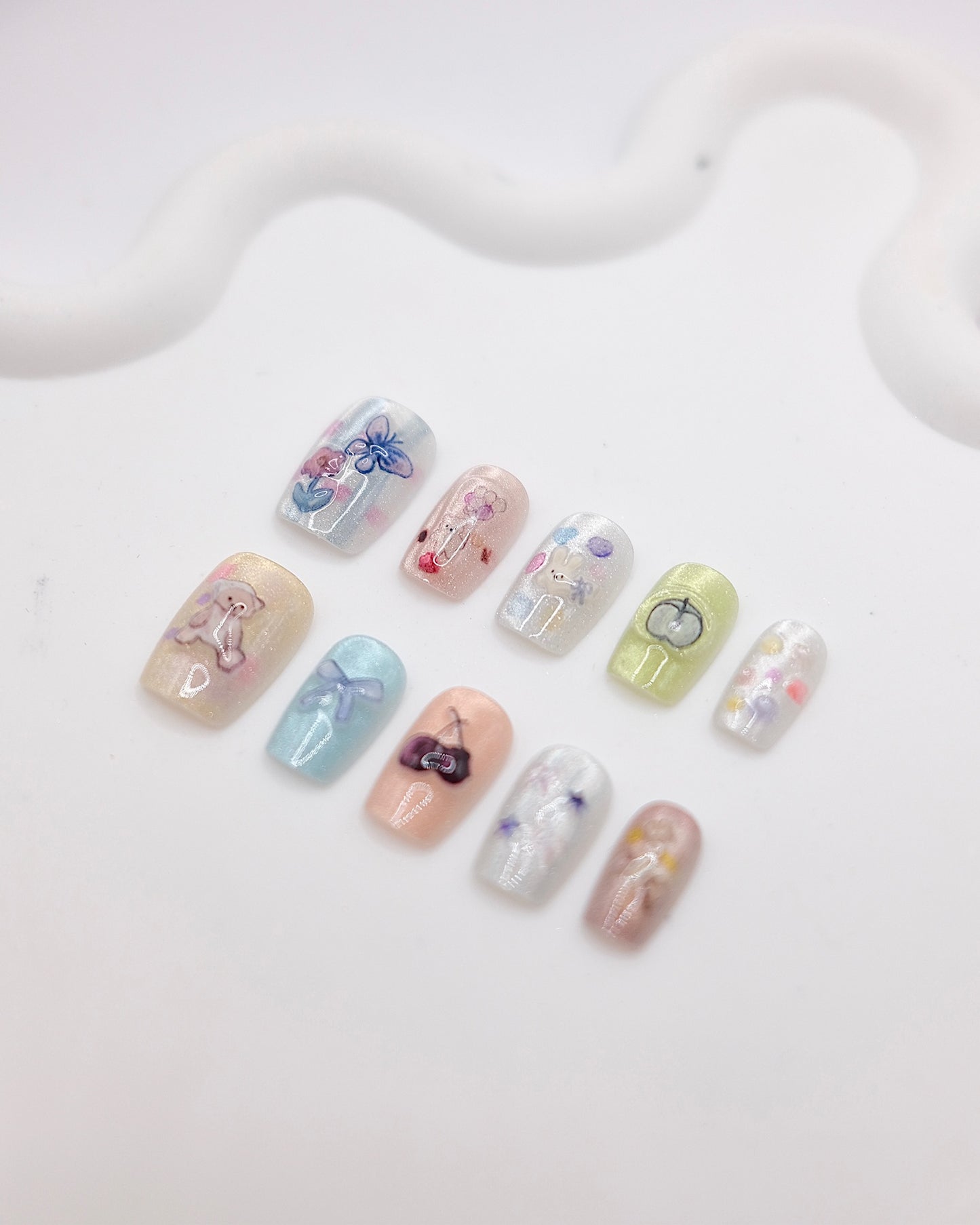 Short Coffin Colorful Cutie Bear & Rabbit With Fruits Press On Nails