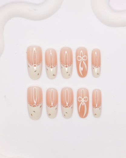 Long Almond Nude Color White French Manicure Bowtie Press On Nails