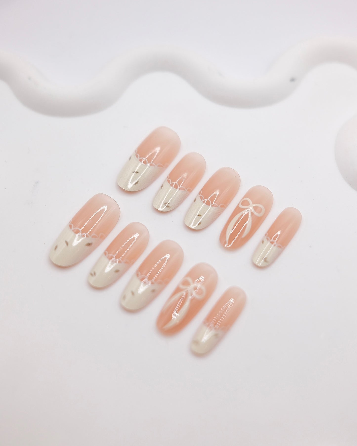 Long Almond Nude Color White French Manicure Bowtie Press On Nails