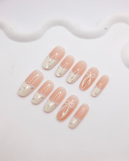 Long Almond Nude Color White French Manicure Bowtie Press On Nails