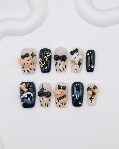 Mid-Long Coffin Black Hello Kitty & Valentine's Day Press On Nails