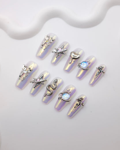 Long Coffin White Gothic Style Press On Nails