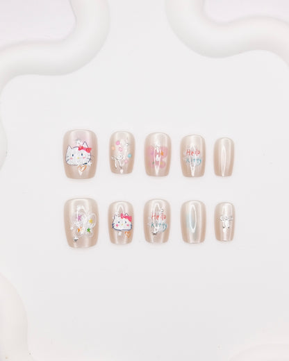 Short Coffin Nude Color Hello Kitty Hand Drawing STYLE Press On Nails