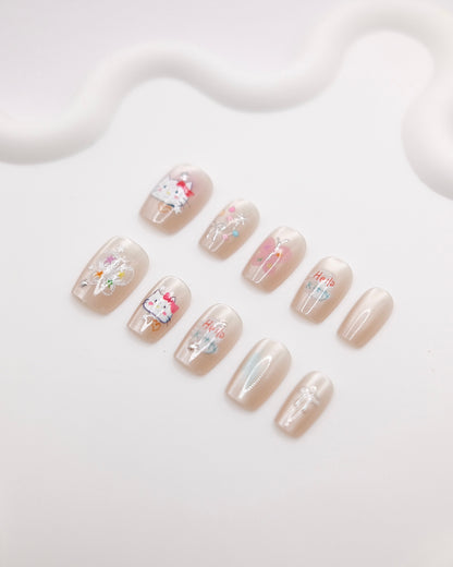 Short Coffin Nude Color Hello Kitty Hand Drawing STYLE Press On Nails