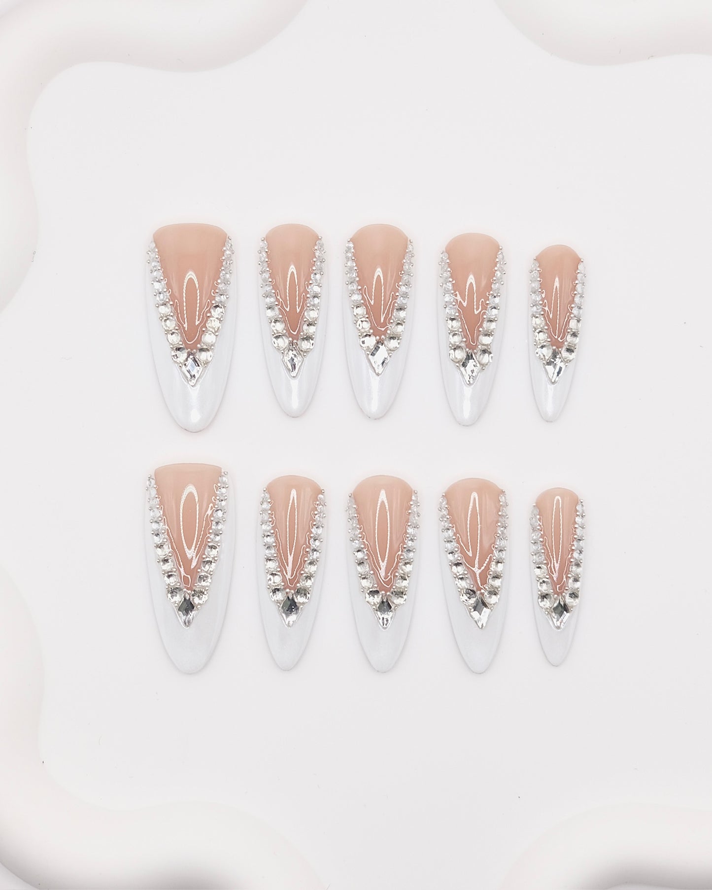 Long Almond Nude Color & White Arounded Diamond Press On Nails