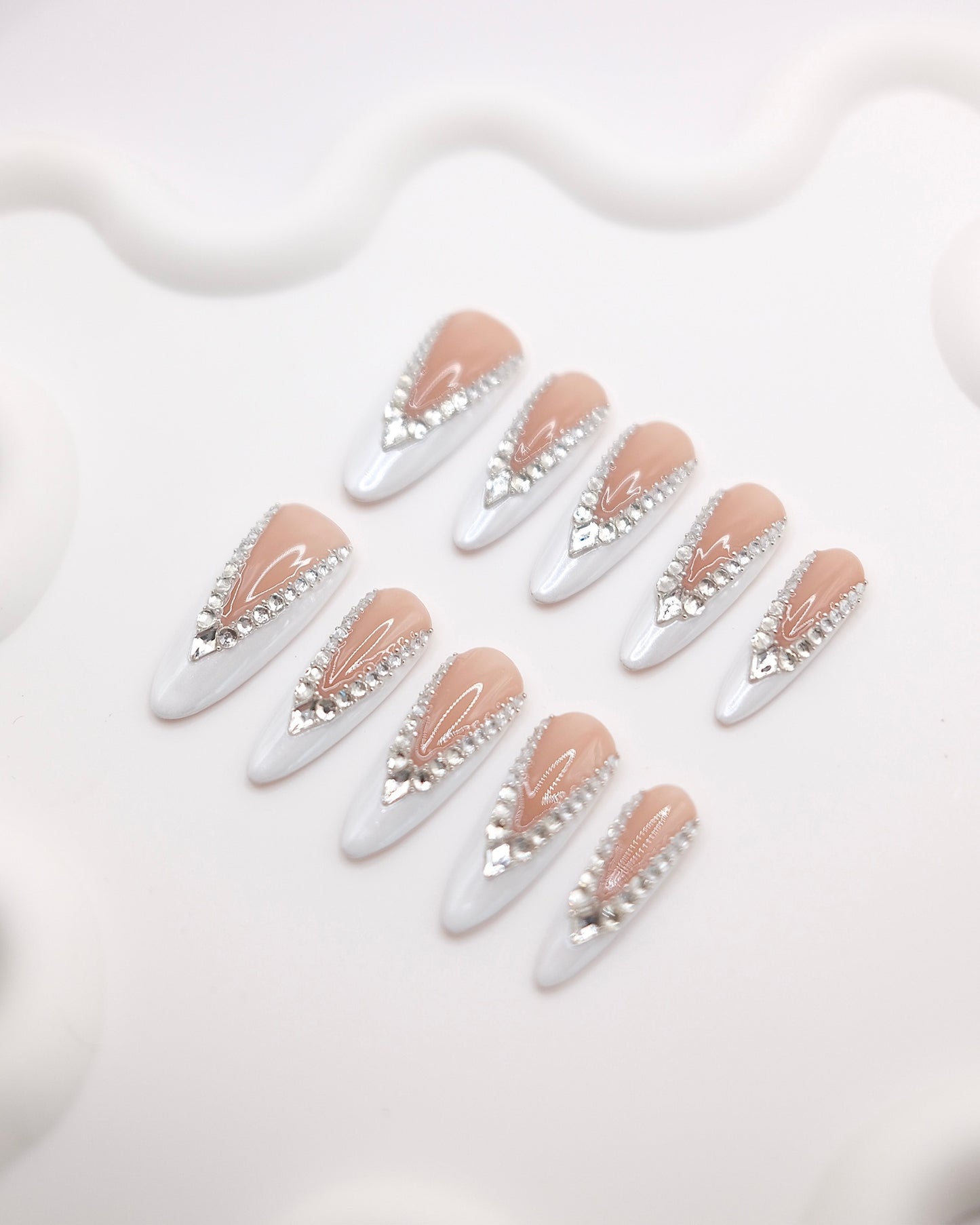 Long Almond Nude Color & White Arounded Diamond Press On Nails