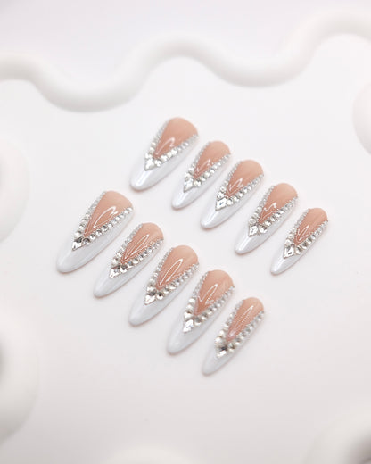 Long Almond Nude Color & White Arounded Diamond Press On Nails