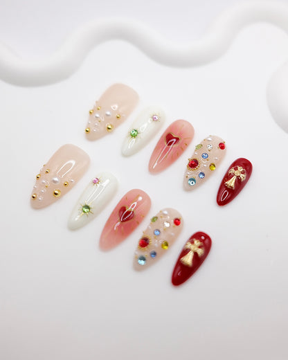 Long Almond Colorful Magic Stones & Gold Cross Press On Nails
