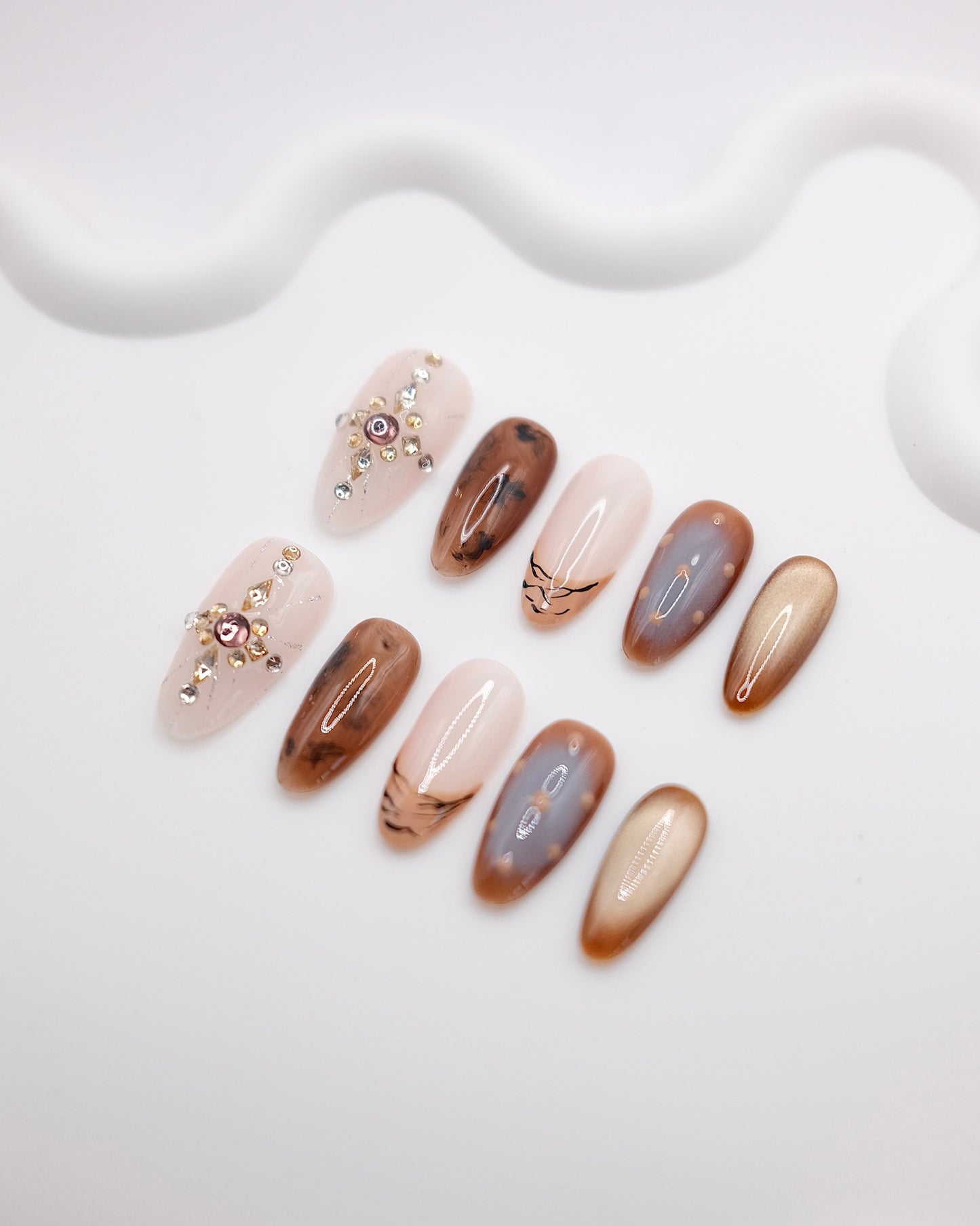 Long Almond Brown With Nude Crossed Diamond Press On Nails