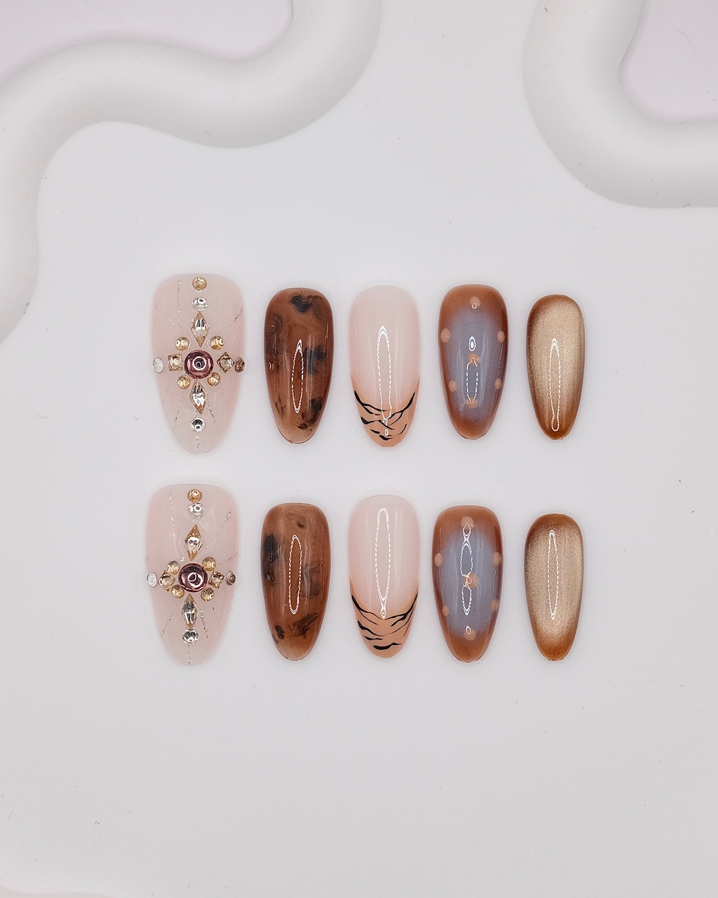 Long Almond Brown With Nude Crossed Diamond Press On Nails