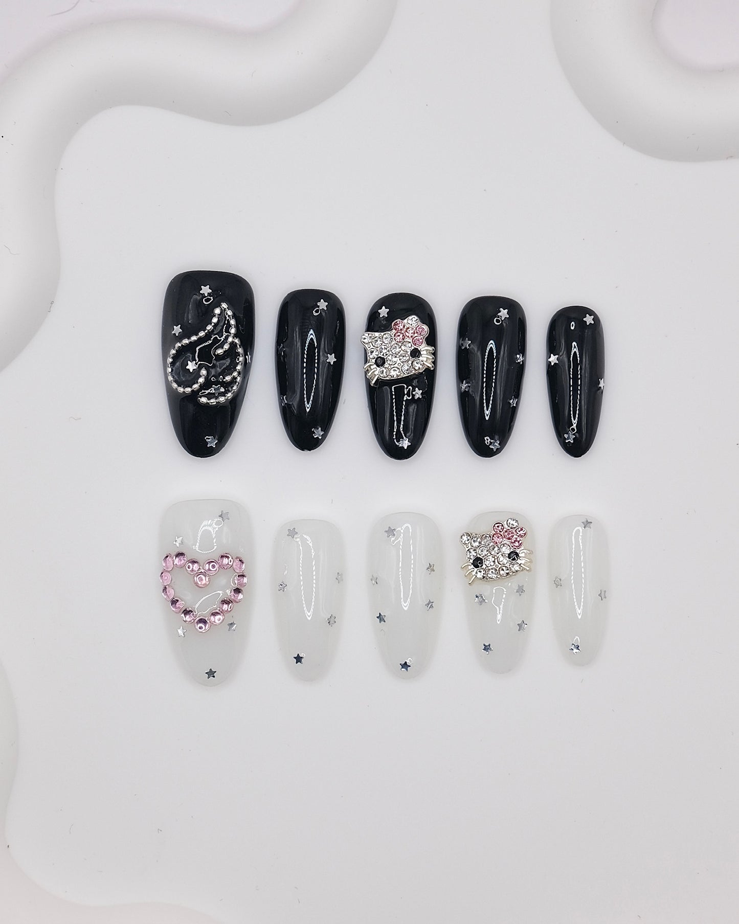 Long Oval White & Black Hello Kitty Diamond Accessories Press On Nails