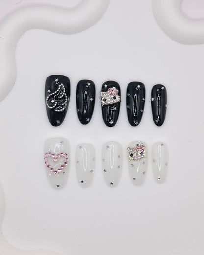 Long Oval White & Black Hello Kitty Diamond Accessories Press On Nails