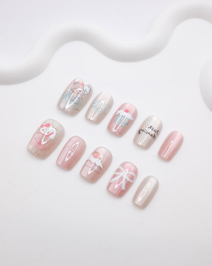 Short Coffin Pink Cupcake Bear Press On Nails